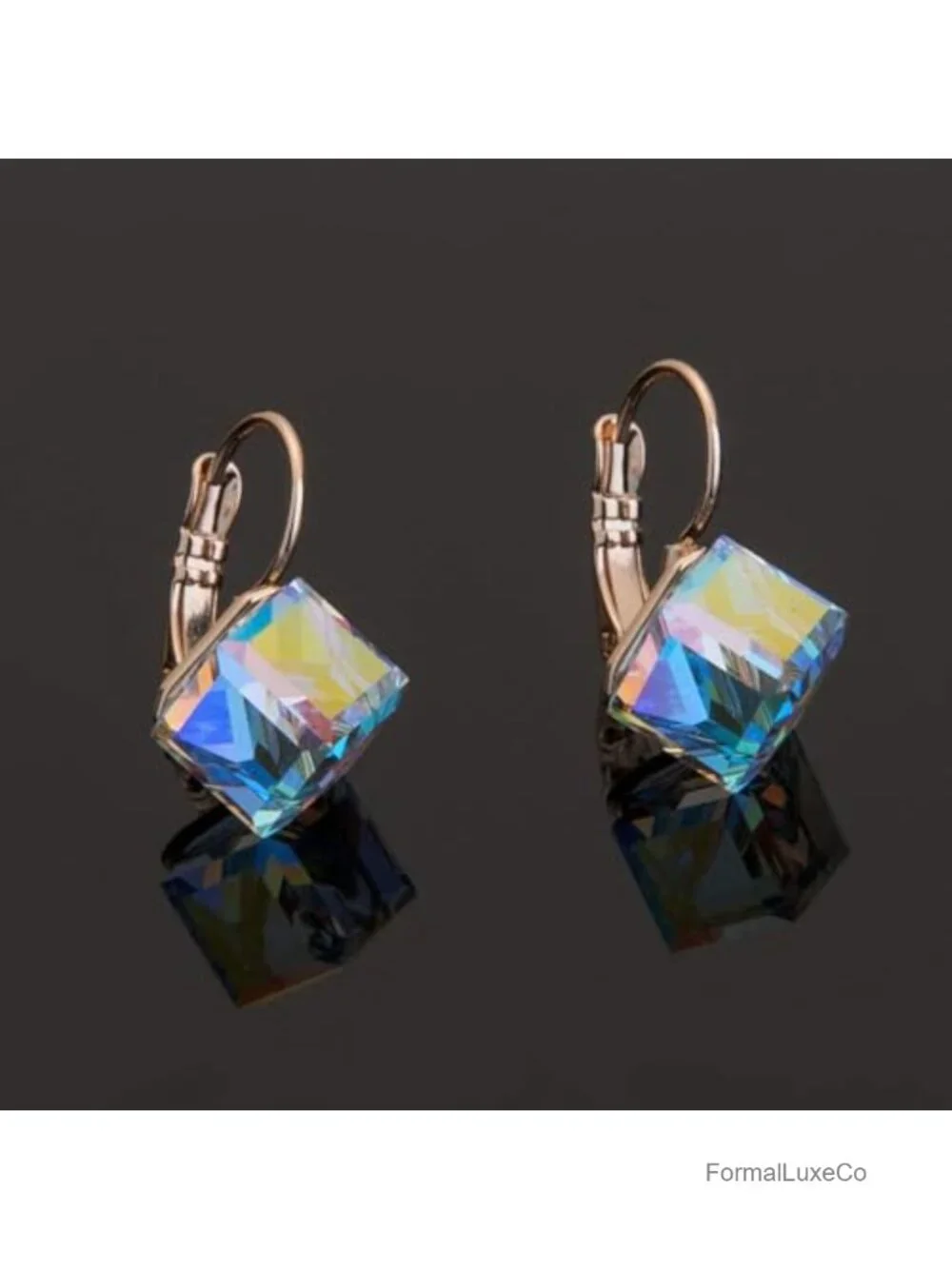 Austrian Crystal Cube Drop Leverback Earrings 14K Rose Gold Plated